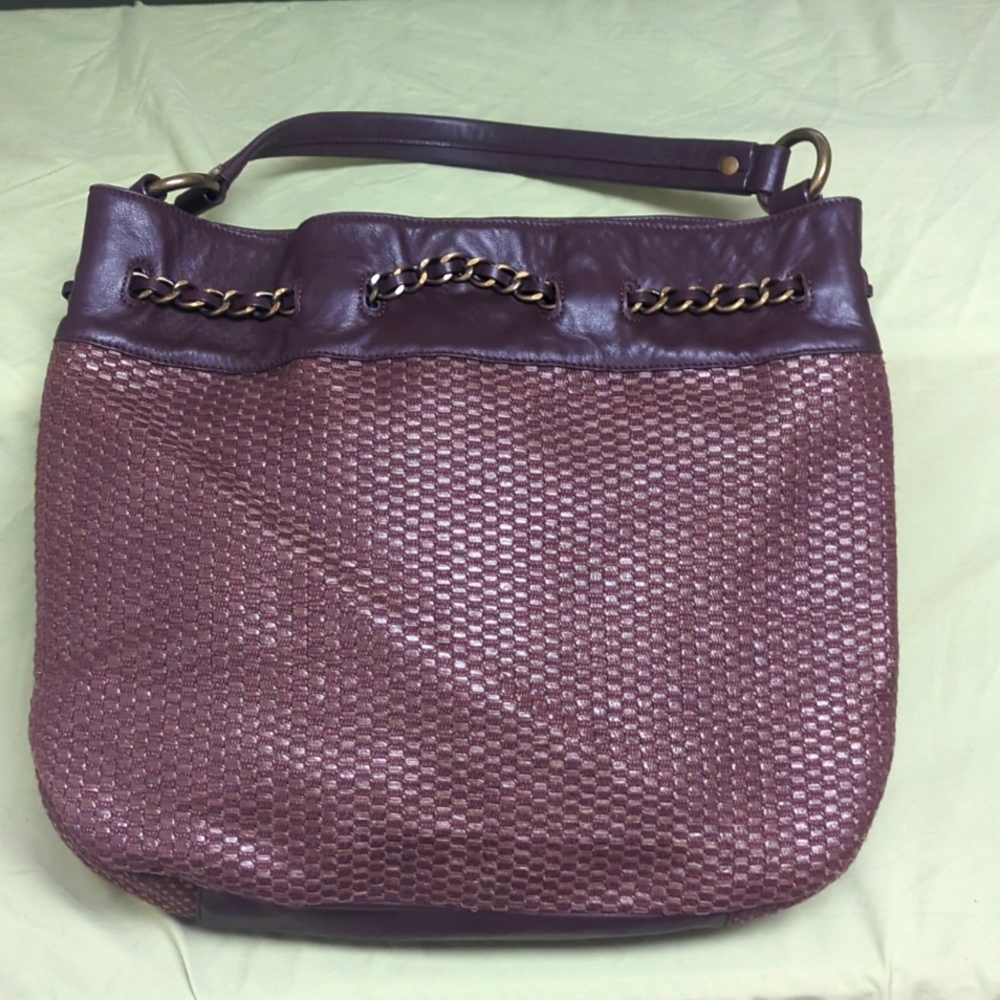 TALBOTS Brown Genuine Leather Trim  Woven Fabric Metal Chain Shoulder Handbag